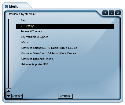 Softphone, krok 3: wybór pozycji Sip Proxy