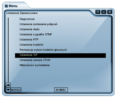 Softphone, krok 7: wybór Ustawień SIP